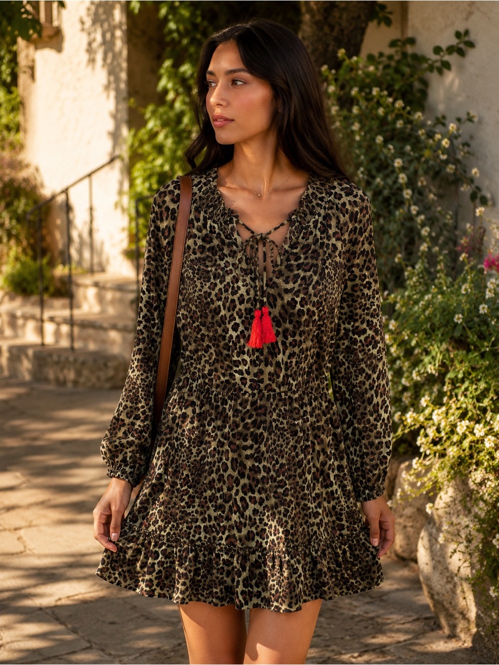NWT ee:some Sage Green Cheetah Print Mini Long Sleeve Dress M Chic Western Boho
